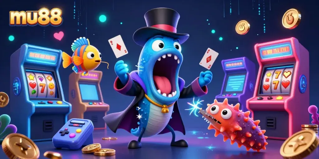 Experience the thrilling magic of mu88 with colorful characters showcasing their card tricks in a vibrant casino scene.