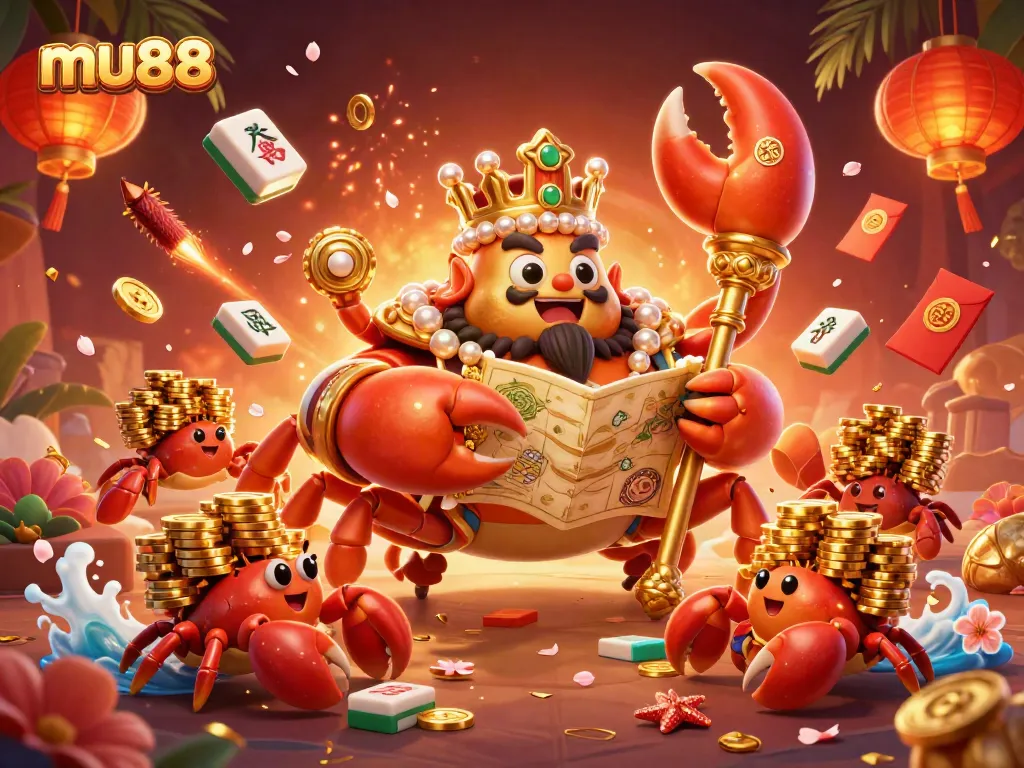 Experience excitement with mu88's golden crab emperor in an enchanting casino scene.