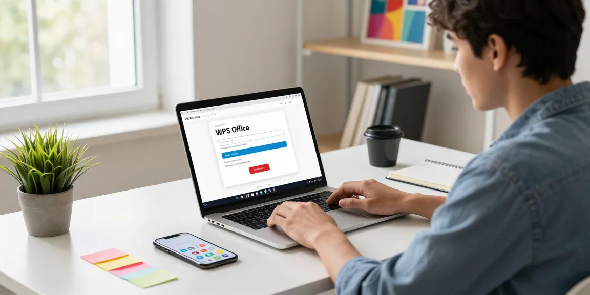 Download WPS Office in a modern workspace with a professional using a laptop, showcasing productivity elements.