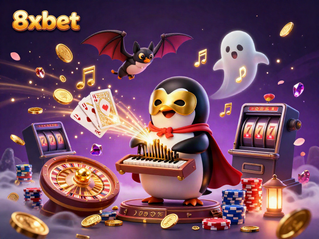 Engage in thrilling gameplay with 8xbet featuring rich 3D casino characters and gaming elements in an immersive illustration.