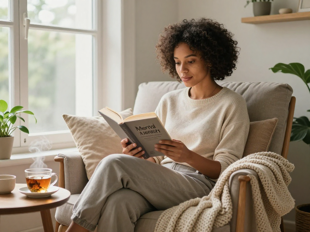 Individual reading about rokok88 link alternatif in a cozy wellness nook, warm lighting, and tranquil atmosphere.