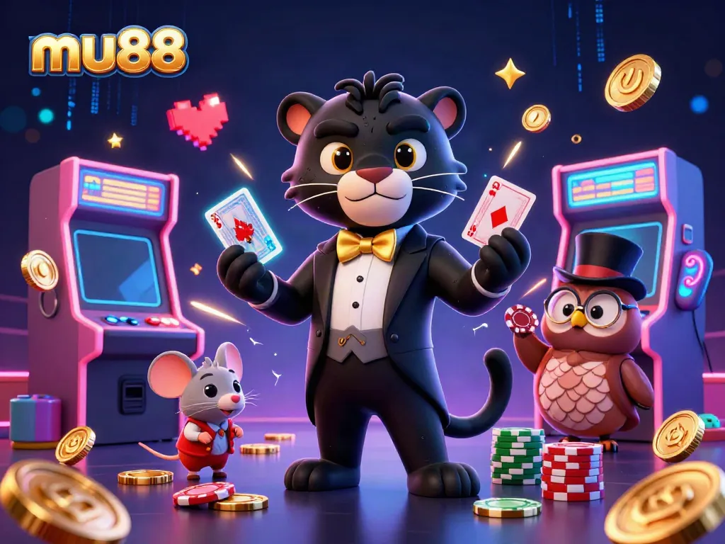 Mu88's engaging casino atmosphere with a stylish panther, owl, and mouse playing cards amidst vibrant gaming elements.