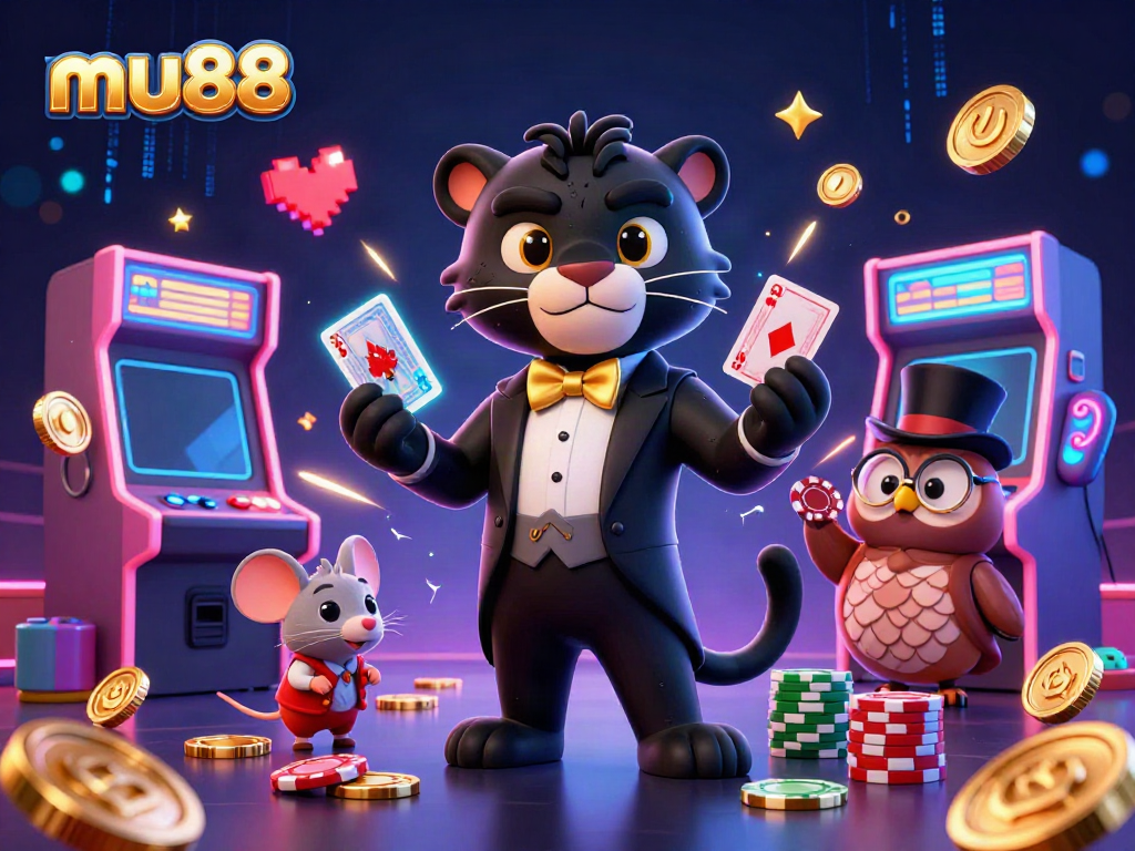 Mu88's engaging casino atmosphere with a stylish panther, owl, and mouse playing cards amidst vibrant gaming elements.