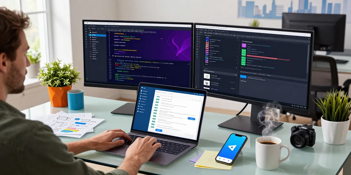 Using the Telegram Web Version on a sleek laptop in a modern workspace, showcasing productivity.