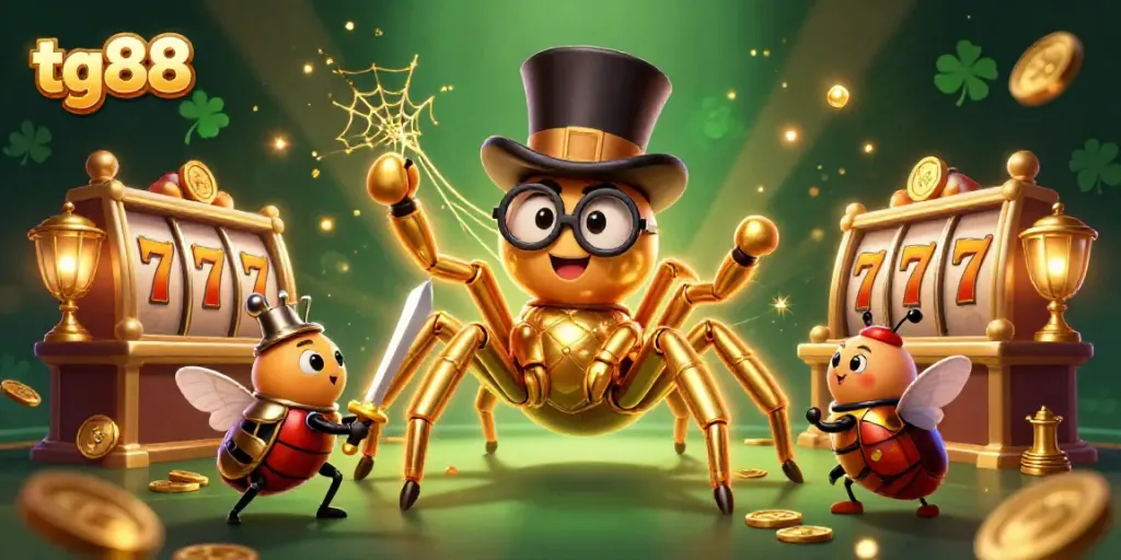 Experience thrilling gameplay at tg88 with a golden tarantula and beetle knight in a vibrant casino setting.