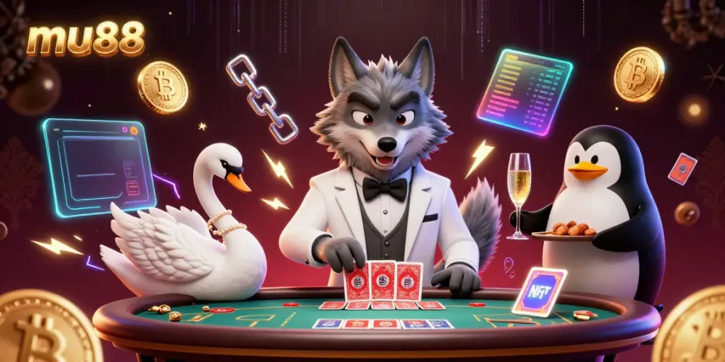 Engage in thrilling baccarat games at mu88 with a charming wolf and elegant characters.