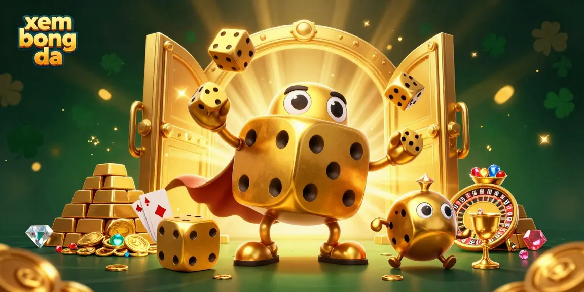Experience xem bong da with vibrant 3D illustration showcasing a dice golem in action, celebrating winning strategies.