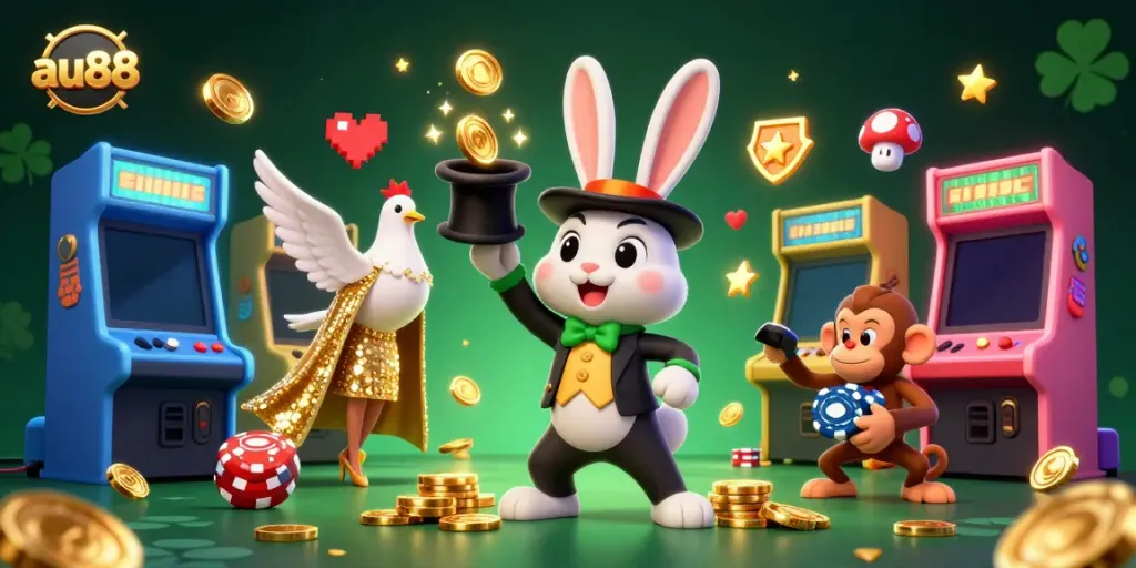 Experience thrilling adventures at AU88 casino with vibrant 3D characters, golden coins, and arcade machines.