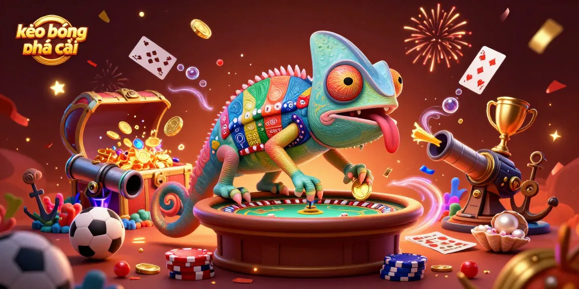 Kèo bóng đá nhà cái showcases a vibrant casino scene with a colorful chameleon and dynamic sports betting elements.