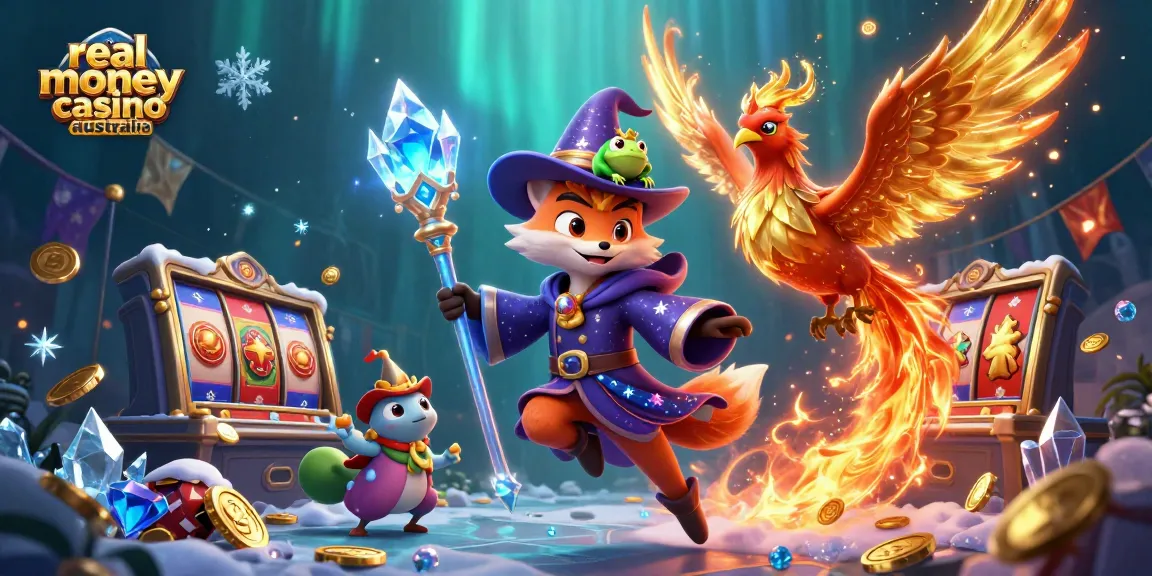 Experience magic with the real money casino Australia scene featuring a wizard fox and phoenix.